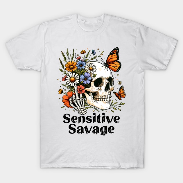 "Sensitive Savage" Skull & Flowers T-Shirt by FlawlessSeams